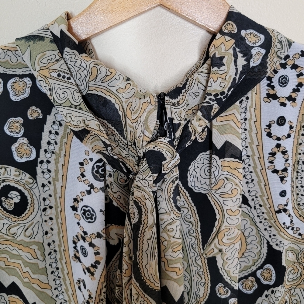 Voir Voir Black Yellow Tan Paisley Sleeveless Dress Size 12 Wedding Guest Work - Picture 3 of 5
